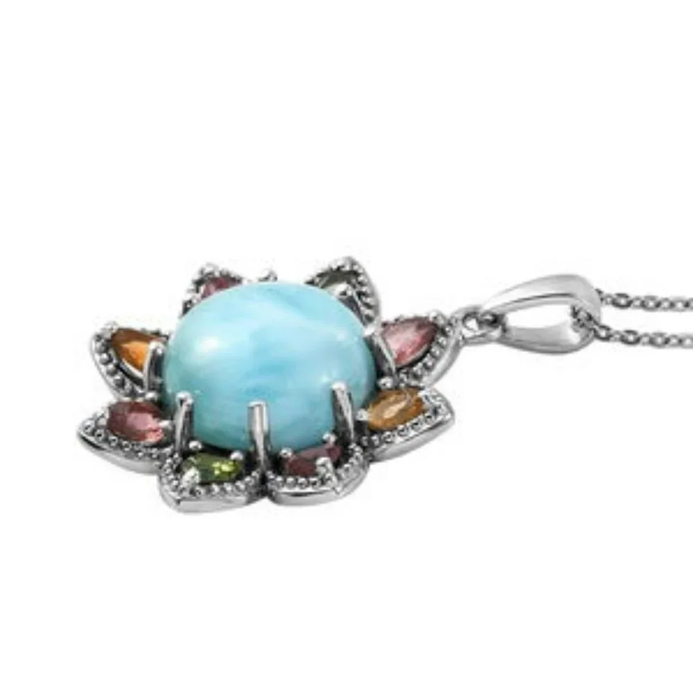 Larimar & Multi-Tourmaline Floral Pendant Necklace 20" Chain Flower - Picture 2 of 6
